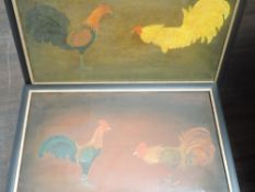 A near pair of oil paintings, T Thornton, fighting cocks, Angry Don, Goldy, The Duke, and Dandy,