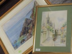 A watercolour, W Downs, townscape, signed, 27 x 19cm, framed and glazed, and a watercolour,