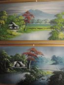 A near pair of oil paintings, Indonesian landscapes, indistinctly signed, 63 x 129cm and 57 x 121cm,