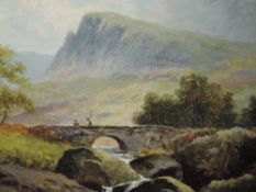 An oil painting, WW, Fishermen in mountainous river landscape, indistinctly signed, 50 x 40cm,