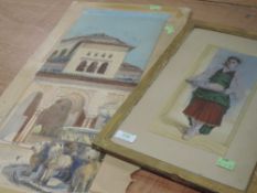 A watercolour, Antigna, serving lady, signed, 26 x 13cm, framed and glazed, and a watercolour,