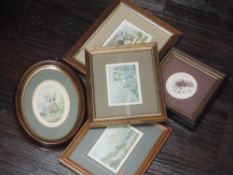 A selection of decorative pictures, inc style of Baxter, landscape, 7 x 10cm, framed and glazed