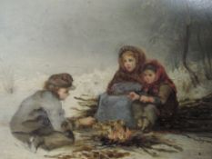 An oil painting on board, Bowyers, 19th century children by winter fire, indistinctly signed, 11 x