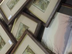 Six prints, Lakeland views, 19th, each 9 x 12cm, framed and glazed, and a watercolour, E Greig Hall,