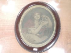 A print, oval study, Edwardian young woman, 48 x 37cm, framed and glazed