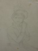 A pencil sketch, CR, lady in 18th century dress, monogrammed, 25 x 17cm, framed and glazed