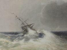 A watercolour, in the style of T B Hardy, galleon in rough sea, 14 x 27cm, framed and glazed