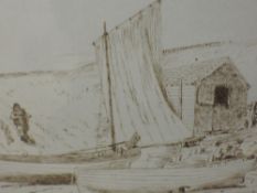 A pen and ink sketch, Henry Eddowes Keene, Southwold, attributed verso, 11 x 18cm, framed and