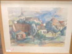 A print, in the style of Buffet, French landscape, 30 x 40cm, framed and glazed