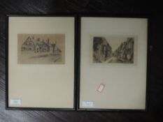 Two etchings, Broadway and Rye, indistinctly signed, 10 x 16cm, framed and glazed