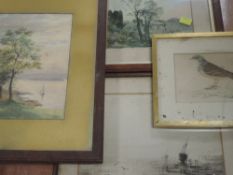 A watercolour, HMC, lake scene monogrammed, 24 x 17cm, framed and glazed, and three prints, inc