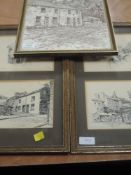 A sketch, F Hodgson, George Romney's cottage, Kendal, signed, 34 x 24cm, framed and glazed, and four