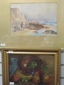 A watercolour, F Hargreaves, coastal landscape, signed, 24 x 35cm, framed and glazed, and an oil