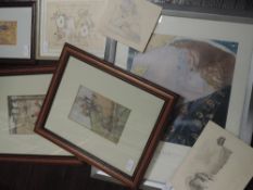 A selection of decorative pictures, inc print after Armour, hunting interest, 18 x 11cm, framed
