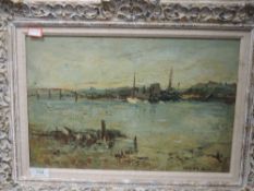 An oil painting on board, Adrian Hill, impressionist estuary, signed, 26 x 40cm, framed