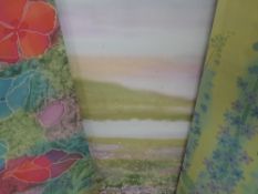 Three textile prints, after Margaret Wilmot, still life, inc Delphiniums, each 93 x 45cm
