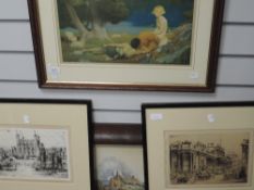 A pair of etchings, after W Monk, The Tower of London, and The Bank, signed, 20 x 26cm, framed and