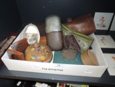 A varied lot of items including early 20tch century chain coin purse, hip flask, leather jewellery