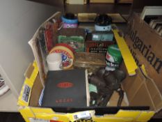 A selection of kitchen items and similar including old tin selection and mincers