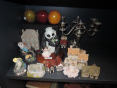 A mixed lot of figurines including Lilliput lanes, Dresden lace figures and two plated candelabras.