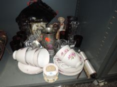 A varied lot containing vintage glass including vases an drinking glasses,cups and saucers, a mantel