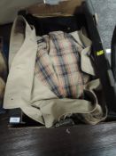 A gents St Michaels garbardine raincoat and a black blazer, also included are two chenille throws.