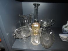 A selection of vintage pressed glass including jugs and bowls and a Swiza carriage clock.
