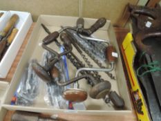 A selection of wood or cabinet makers bit and brace drill and auger sets