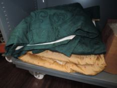 A collection of good quality curtains, three in forest green with tie backs and a pair in