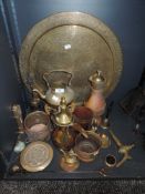 A collection of vintage brass and copper including Farrow and Jackson beer keg tap,large embossed