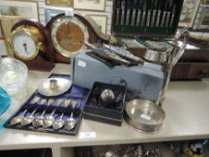 An interesting plated bottle holder, a set of HMY Britannia cufflinks a set of spoons,a