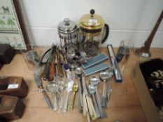 A variety of kitchenalia including Viners cutlery plated salter and cafetieres, also included is a
