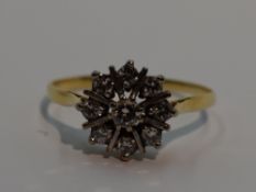 A lady's dress ring having a diamond star burst cluster, approx 0.5ct on a yellow metal loop, no