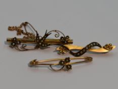 Three yellow metal bar brooches stamped 9ct having seed pearl decoration (AF)