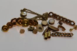 A selection of 9ct gold and yellow metal including collar studs, brooches, chain, cufflink etc