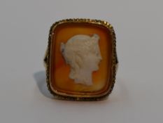 A lady's dress ring having a cameo plaque on orange agate, in a square yellow metal mount on
