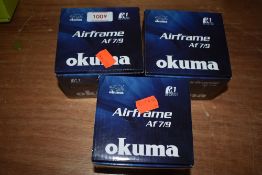 Three Okuma fly fishing reels unused in boxes.AF 7/9
