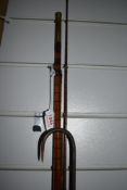 A split cane salmon rod wooden handled gaff and other rod parts