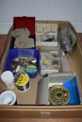 An assortment of vintage tackle including fly reel, hooks and lures,some hooks in original Hardy