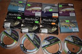 Twelve pack of unused fly fishing line, Scierra,Snowbee and Blackridge.