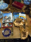 A selection of trinkets including blue cameo glass bowl