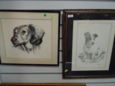 Two black and white prints of dogs including spaniel and jack russel