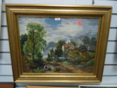 A framed tapestry depicting manor and country scene.