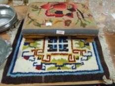 A small wool woven throw and similar woven topped oak kneeler or prayer stool