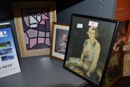 Two classical styled portraits and an abstract framed print after Klee 'woman in costum'.