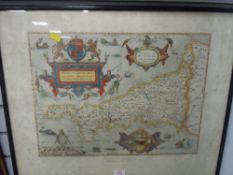 A vintage colour print, Saxtons map of Cornwall.