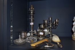 A mixed lot of Plated ware and similar including lamp stand, candlestick holder, dressing table