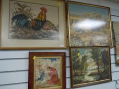 A selection of wool work embroidery including burr wood framed jesus