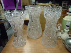 Three impressive antique clear cut crystal vase tallest standing at 35.5cm all in very good
