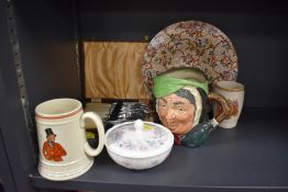 A mixed lot of items including Royal Doulton Toby style jug,Maling ware footed bowl,fish knives